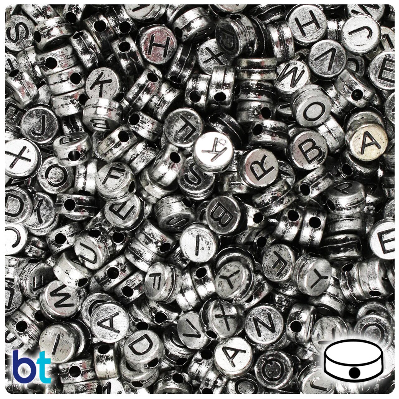 BeadTin Silver Metallic 7mm Coin Plastic Alpha Beads - Black Letter Mix (250pcs)